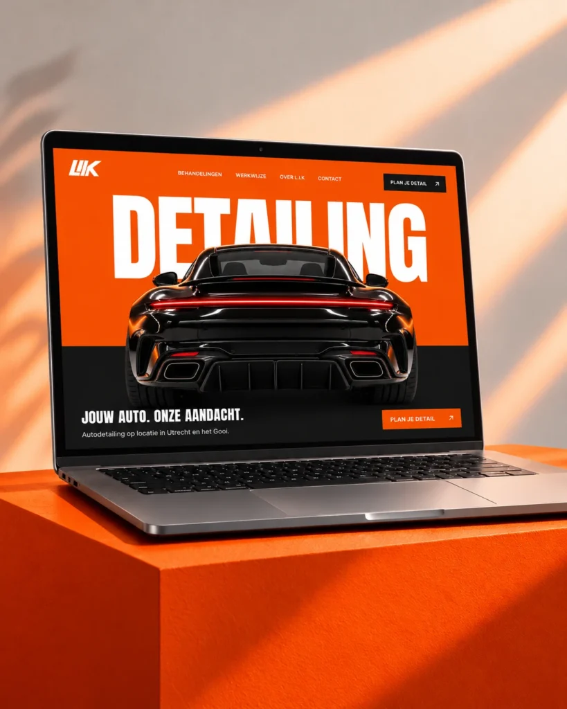 Laptopmockup van de oranje L.I.K Detailing-website, ontworpen en gebouwd door Fosyn